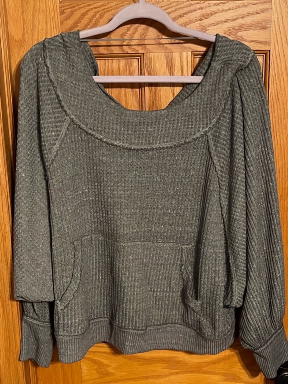 We The Free Olive Gray Scoop Neck Waffle Knit Pullover